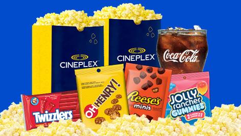 Food combo containing popcorn, candy and a soft drink