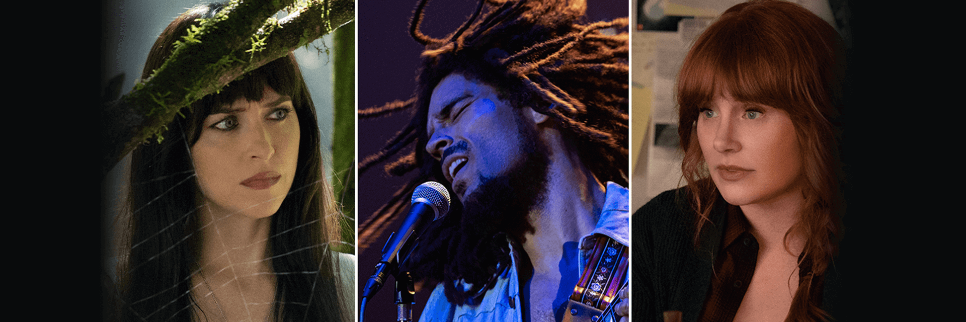 Dakota Johnson in Madame Web, Kingsley Ben-Adir in Bob Marley: One Love, Bryce Dallas Howard in Argylle