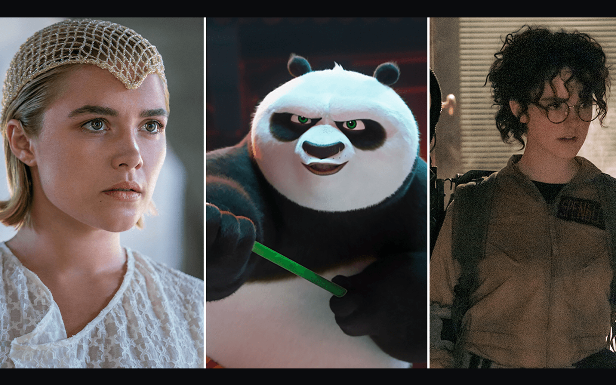 Florence Pugh dans Dune: deuxieme partie, Kung Fu Panda 4, McKenna Grace dans SOS Fantômes: L’empire de glace
